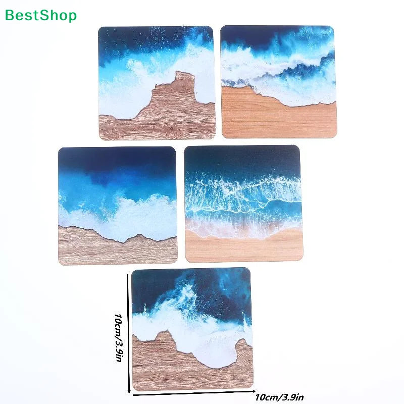 ♥5-Pack Ocean Wave Resin Coasters - Beach Themed Wooden Base Drink Coasters for Home & Office