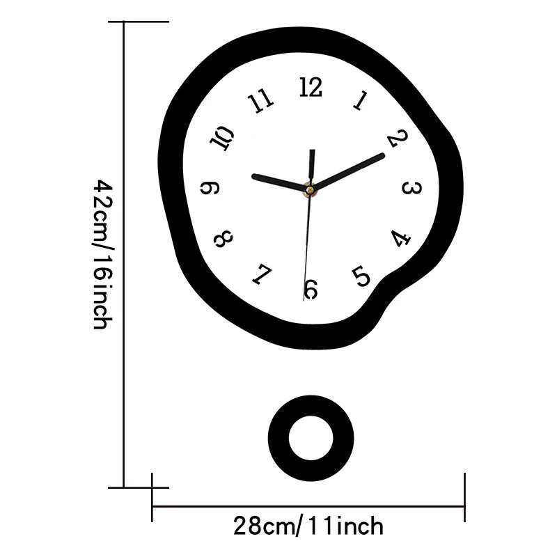 Twisted elliptical swinging wall clock, creative and fun with pendulum, silent clock suitable for living room, kitchen