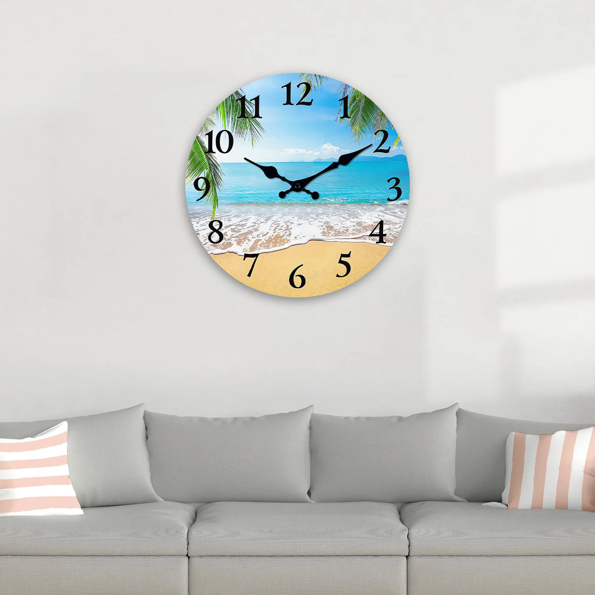 Light Luxury Beach Pattern Wooden Wall Clock for Living Room, Bedroom, Kitchen, Home Decoration, Silent Quartz Clock, Holiday Gift, 10 Inches, 12 Inches (No Battery)