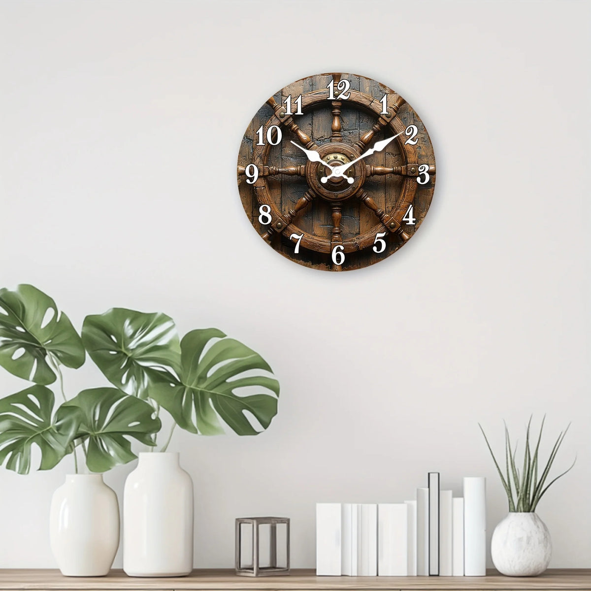 1pc Wooden Wall Clock Retro Style Nautical Wooden Ship Wheel Clock Round Silent Clock for Living Room, Dining Room, Kitchen, Bedroom, Office Thanksgiving, Christmas Decoration, Ideal Birthday Gift (AA Batteries Not Included)