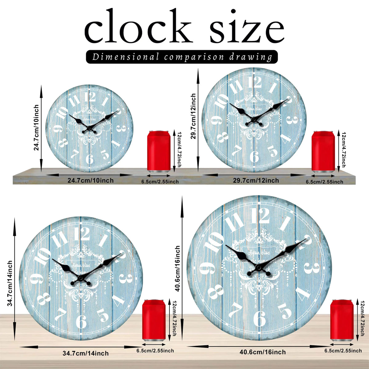 1pc Round wooden wall clock Marine decoration, retro blue wood texture design wall clock, silent clock, Beach outdoor wall clock