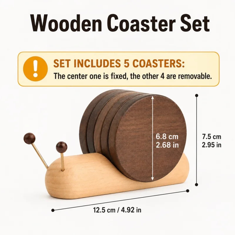 Wooden Coaster Set with Holder Snail Shaped Heat Resistant Drink Coasters for Coffee Tea Mugs Glasses Small Bowls Home Decor