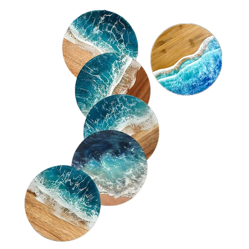 ♥Ocean Wave & Wood Grain Coasters Set  Heat-Resistant Drink Coasters for Coffee/Tea Mugs, Beach Theme Home Decor