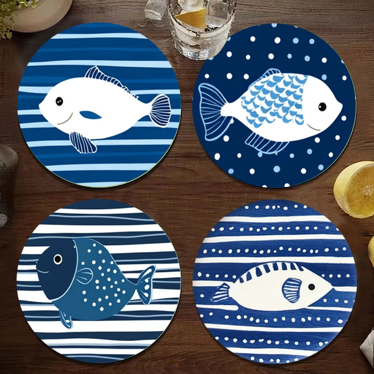 Blue Small Fish Ocean Theme 2D Wooden Coasters Heat Insulation Anti-Slip for Desktop Protection Ideal Coffee Shop Office Bar