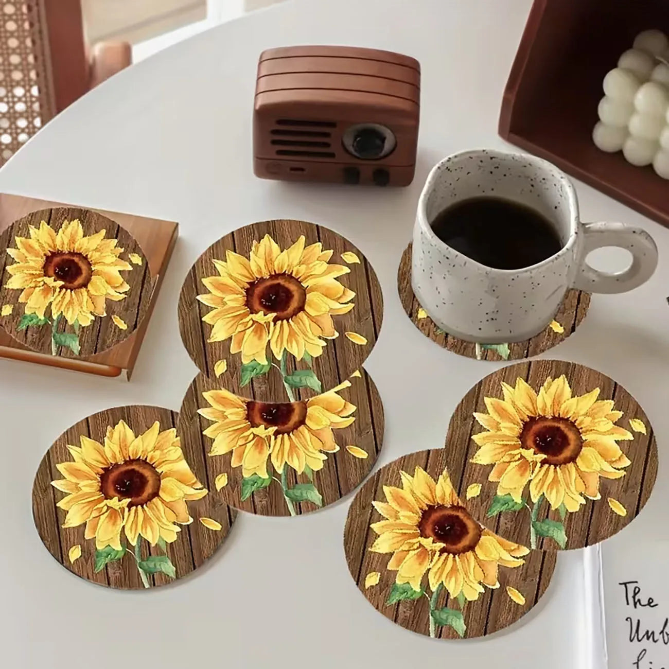 6Pcs Rustic Wood Sunflower Coaster Set, Heat-Resistant Non-slip Coasters for Table
