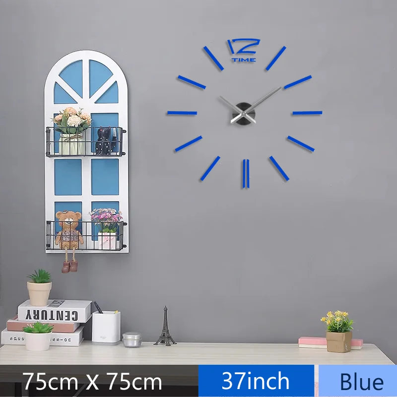 Fashion 3D Mediterranean Style Big Size Blue Wall Clock Mirror Sticker DIY Brief Living Room Decor Meeting Room Wall Clock