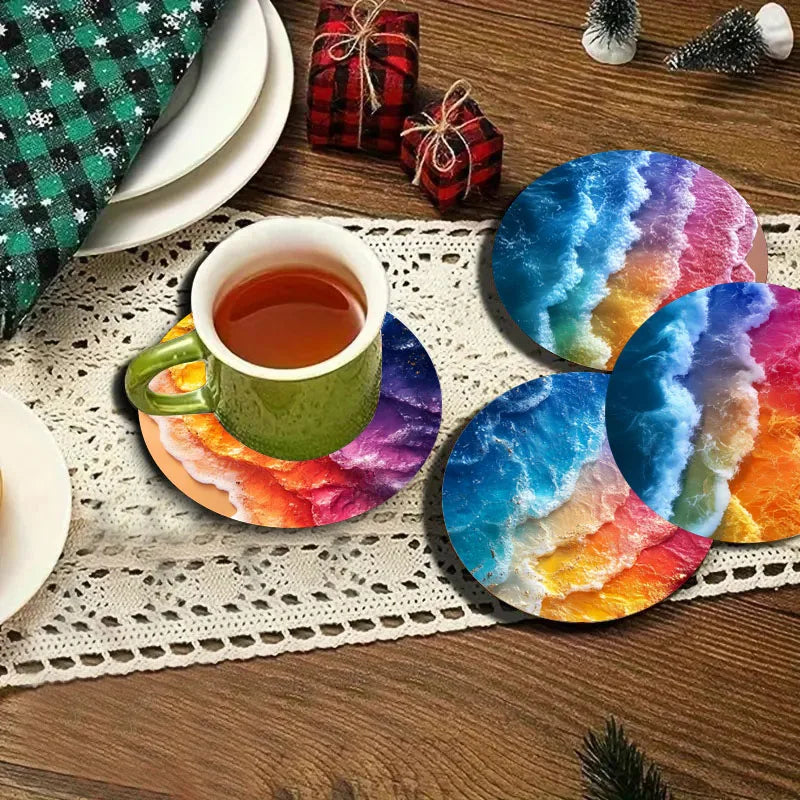 4-piece set of dreamy beach pattern art coasters, anti-slip wooden coasters, suitable for living rooms, offices and bars