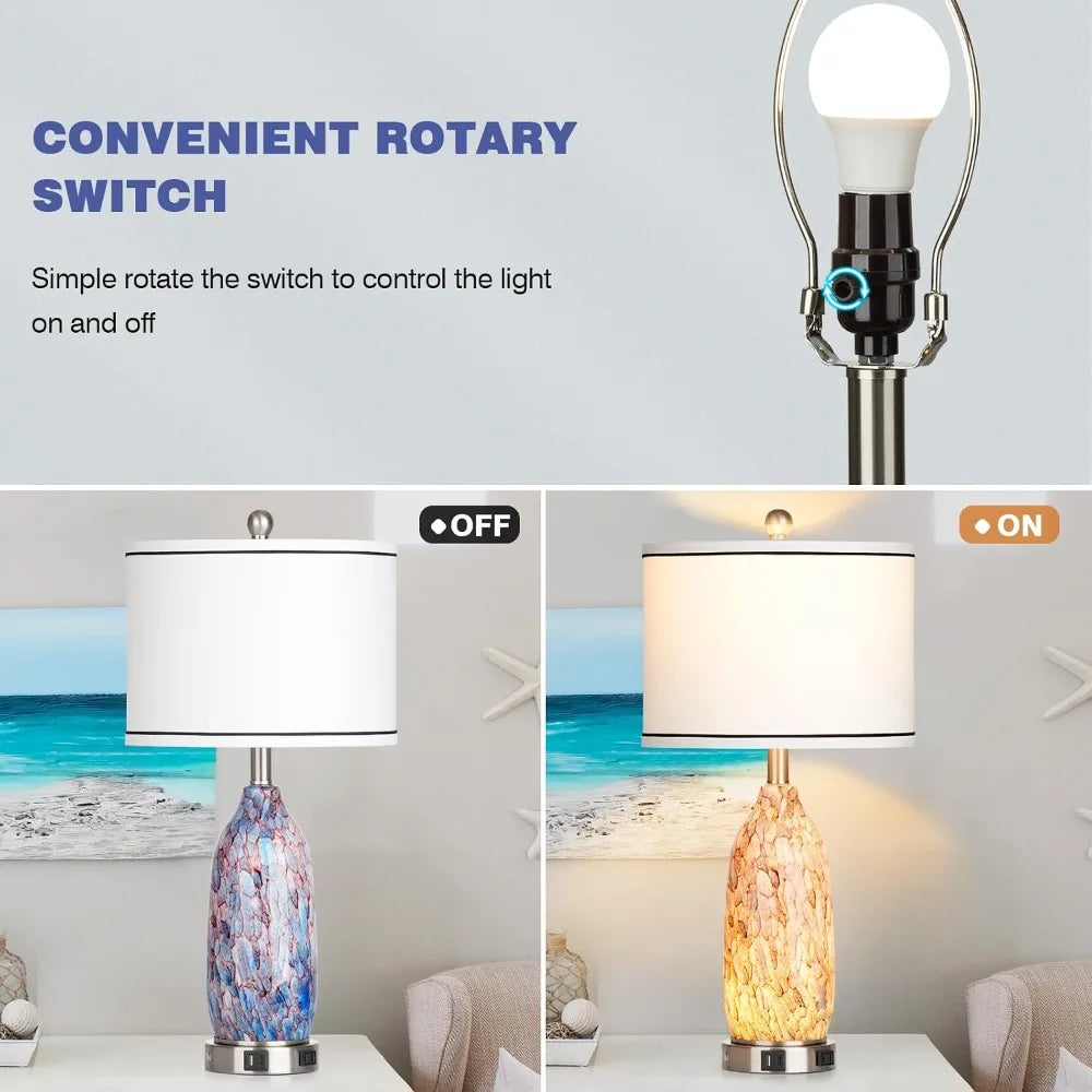 26" Coastal Glass Table Lamps Set of 2, Nautical USB A+C Ports, AC Outlet, 3-Way Dimmable Touch