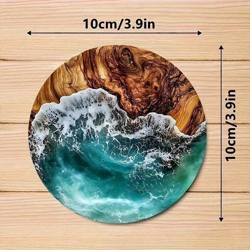 New thickened Turquoise ocean and tropical wood grain round coaster, heat-resistant and non-slip, for home and coffee shop