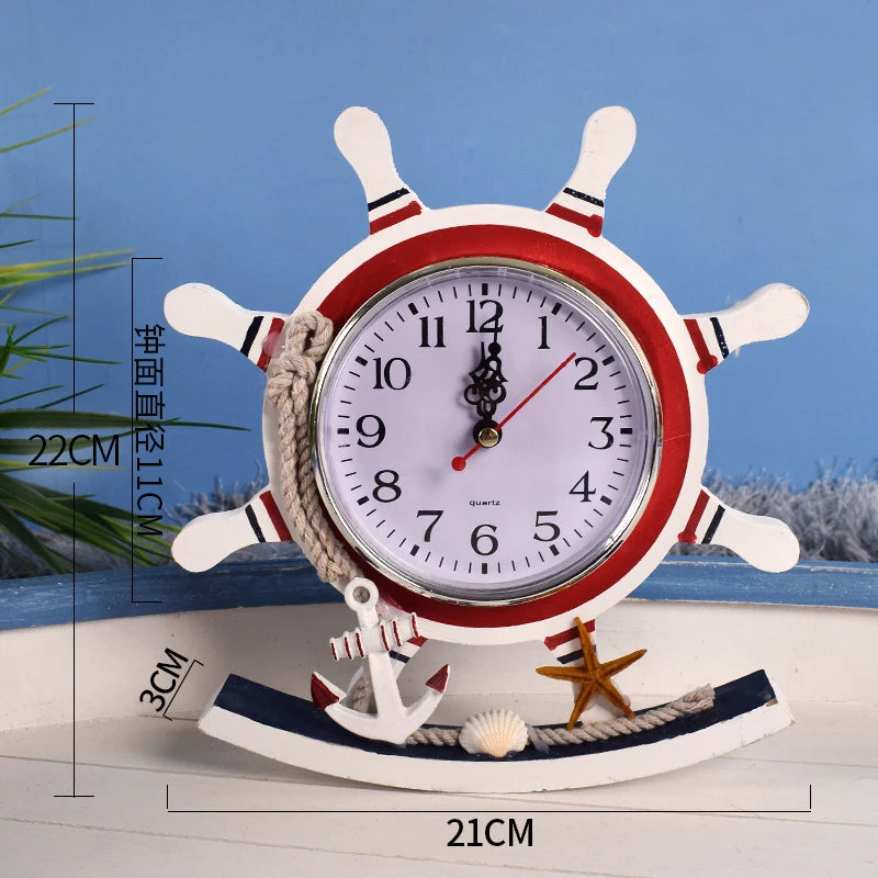 Mediterranean Retro Style Anchor Wall Clock Wooden Rudders Silent Hanging Clocks Coffee Bar Home Decorations