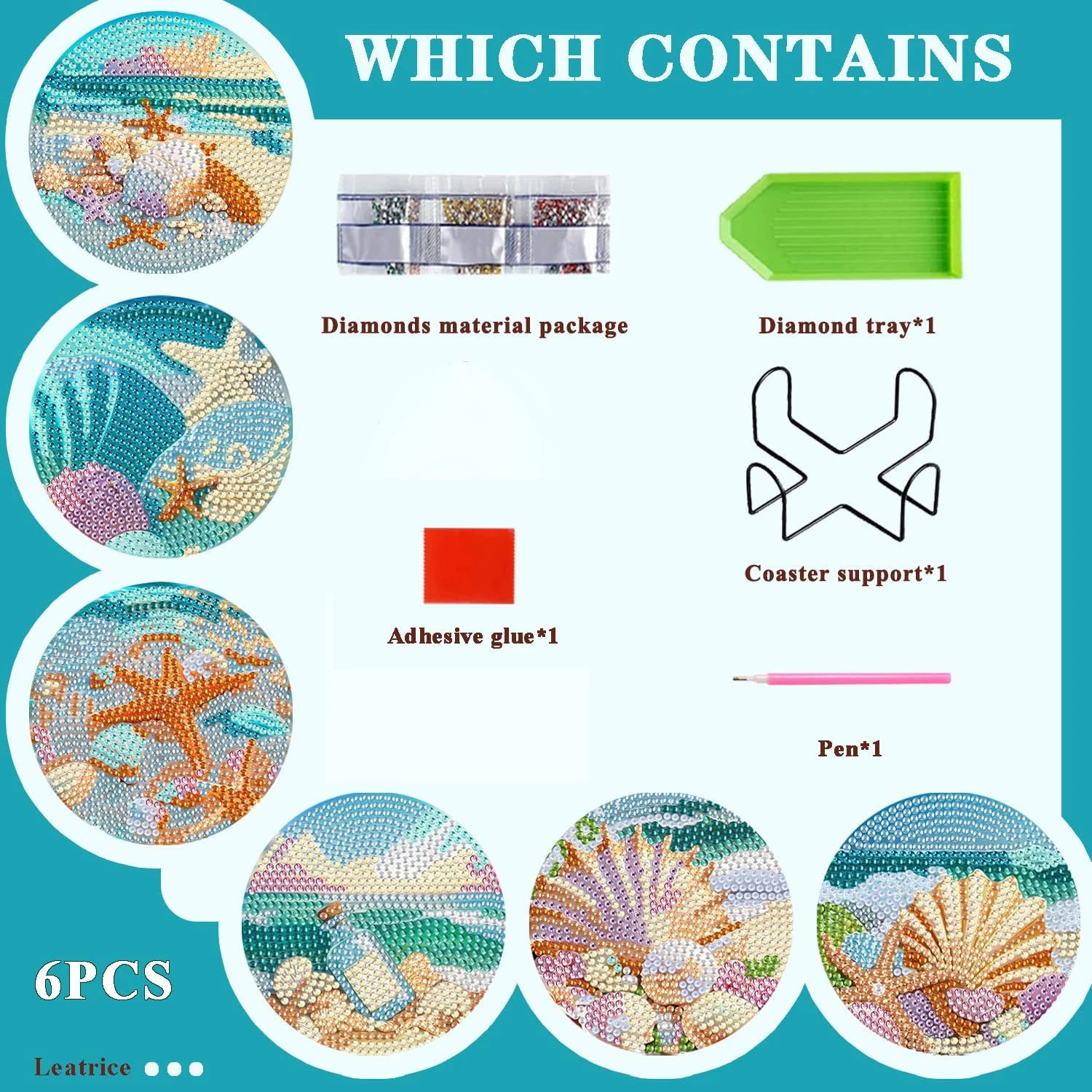 6 Pieces/Set of Beach Scenery Pattern Diamond Painted Wooden Coasters, DIY Creative Diamond Painted Coasters, Holiday Gifts