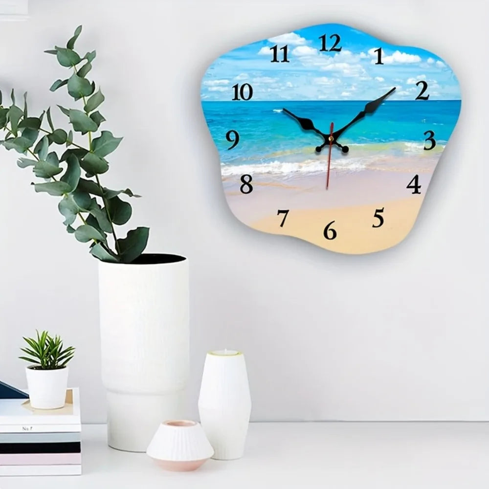 One Pack, Irregular Shaped Silent Wall Clock with Seaside Blue Sky and White Clouds Pattern, Suitable for Home Bedroom Gift Deco