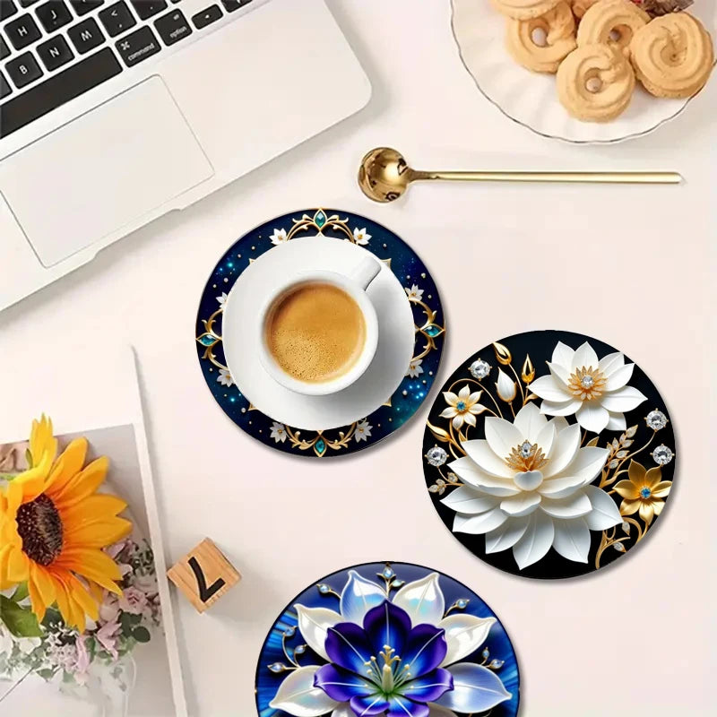 6 Pieces/Set of Floral Patterned Wooden Anti-Slip Coasters, Suitable for Home Office and Theme Party Decoration