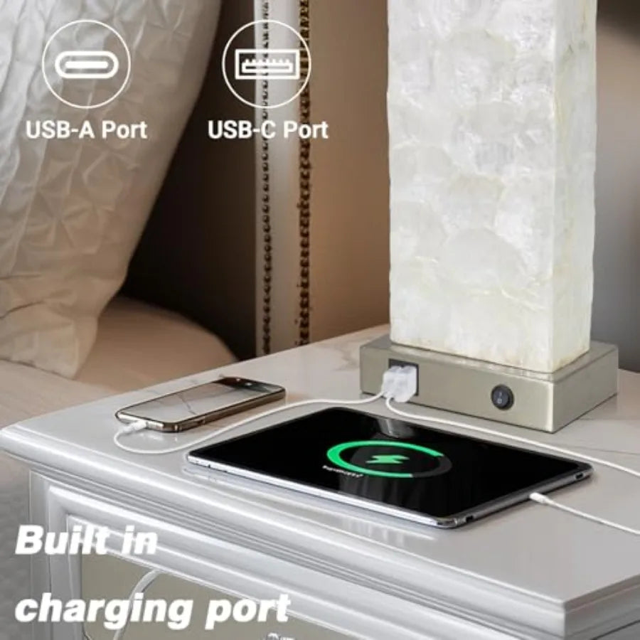 28" Coastal Table Lamps for Living Room, Bedside Lamps with Night Light, USB A+C Ports, Modern Sea Shell Bedside Night Stands L
