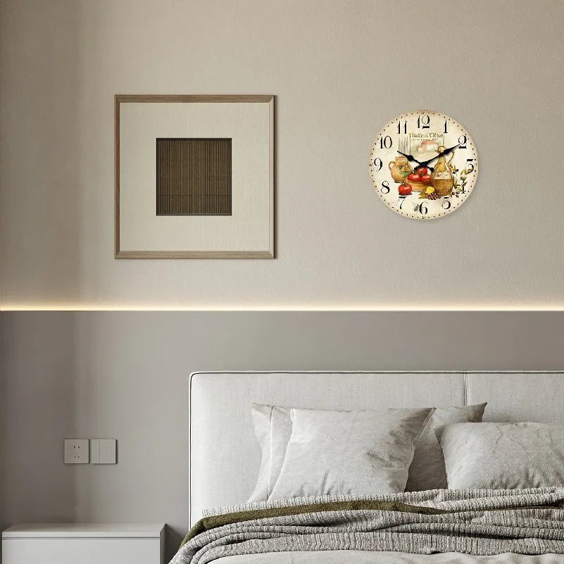 Vintage Provence Olive Oil and Tomato Pattern Wooden Wall Clock Living Room 10-Inch 12-Inch 14inch  (No Battery)