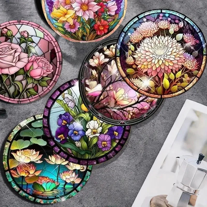 8 Sets of Floral Patterned Wooden Anti-Slip Coasters, Suitable for Bar and Cafe Decoration Anti-Slip Coasters