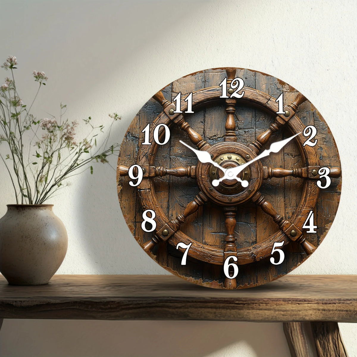 1pc Wooden Wall Clock Retro Style Nautical Wooden Ship Wheel Clock Round Silent Clock for Living Room, Dining Room, Kitchen, Bedroom, Office Thanksgiving, Christmas Decoration, Ideal Birthday Gift (AA Batteries Not Included)