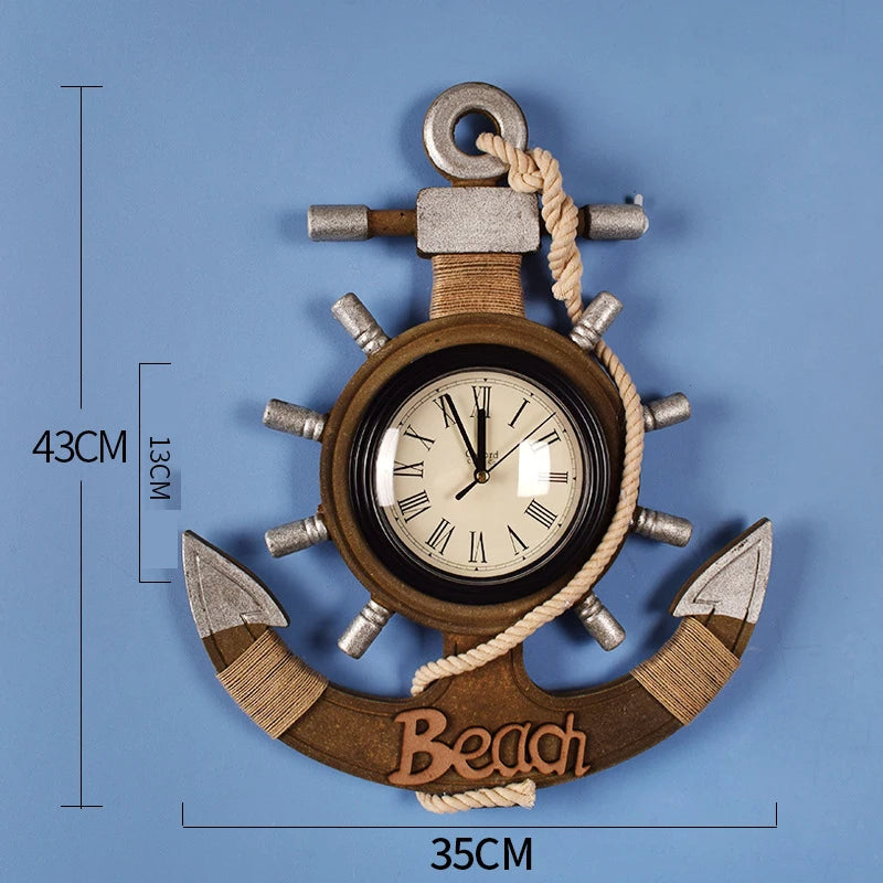 Mediterranean Retro Style Anchor Wall Clock Wooden Rudders Silent Hanging Clocks Coffee Bar Home Decorations