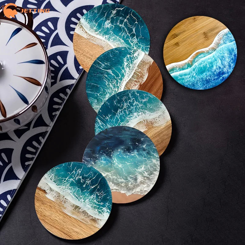 4/6Pcs Blue Ocean Round Wooden Coasters & Placemats Set Home Cafe Party Table Decor Durable Drink Coasters For Stylish Dining