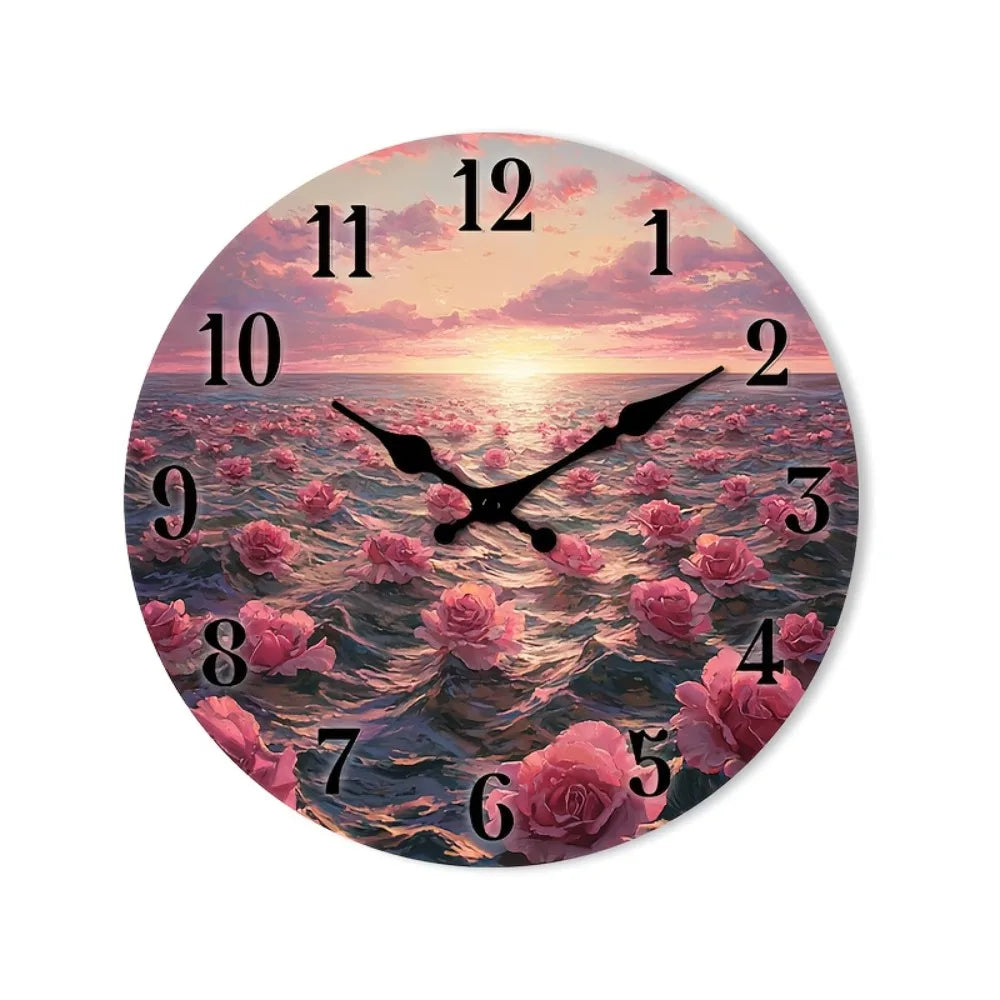 1pc of a Quiet Wall Clock That Doesn'T Tick, Featuring a Decorative Round Design with an Abstract Floral Ocean Sunset Theme, Sui