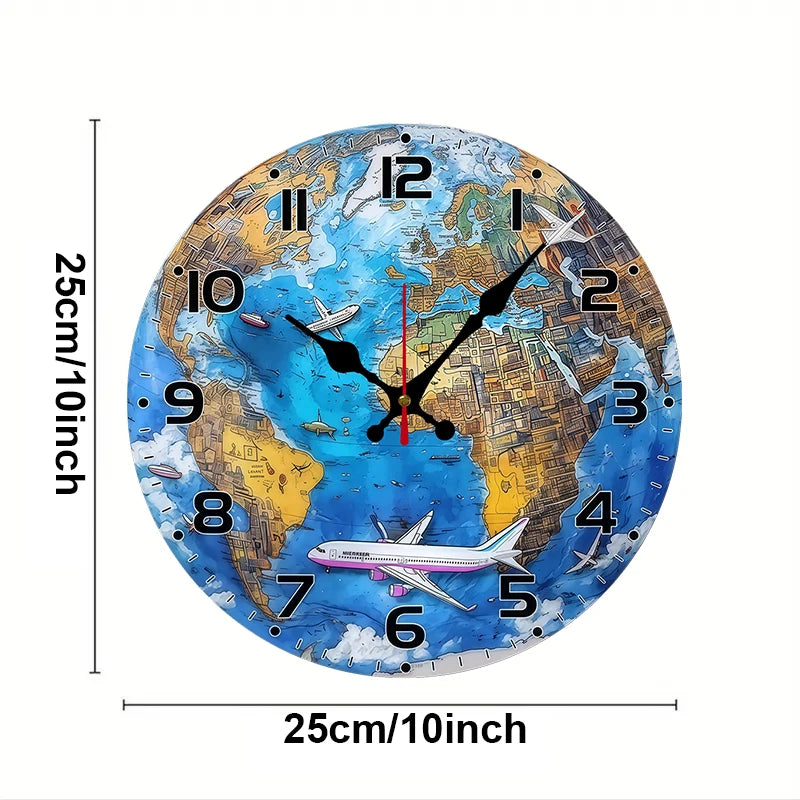 World Map Wooden Round Silent Hanging Wall Clock, Suitable For Living Room, Office, Study Room, Bedroom, Home Decoration.