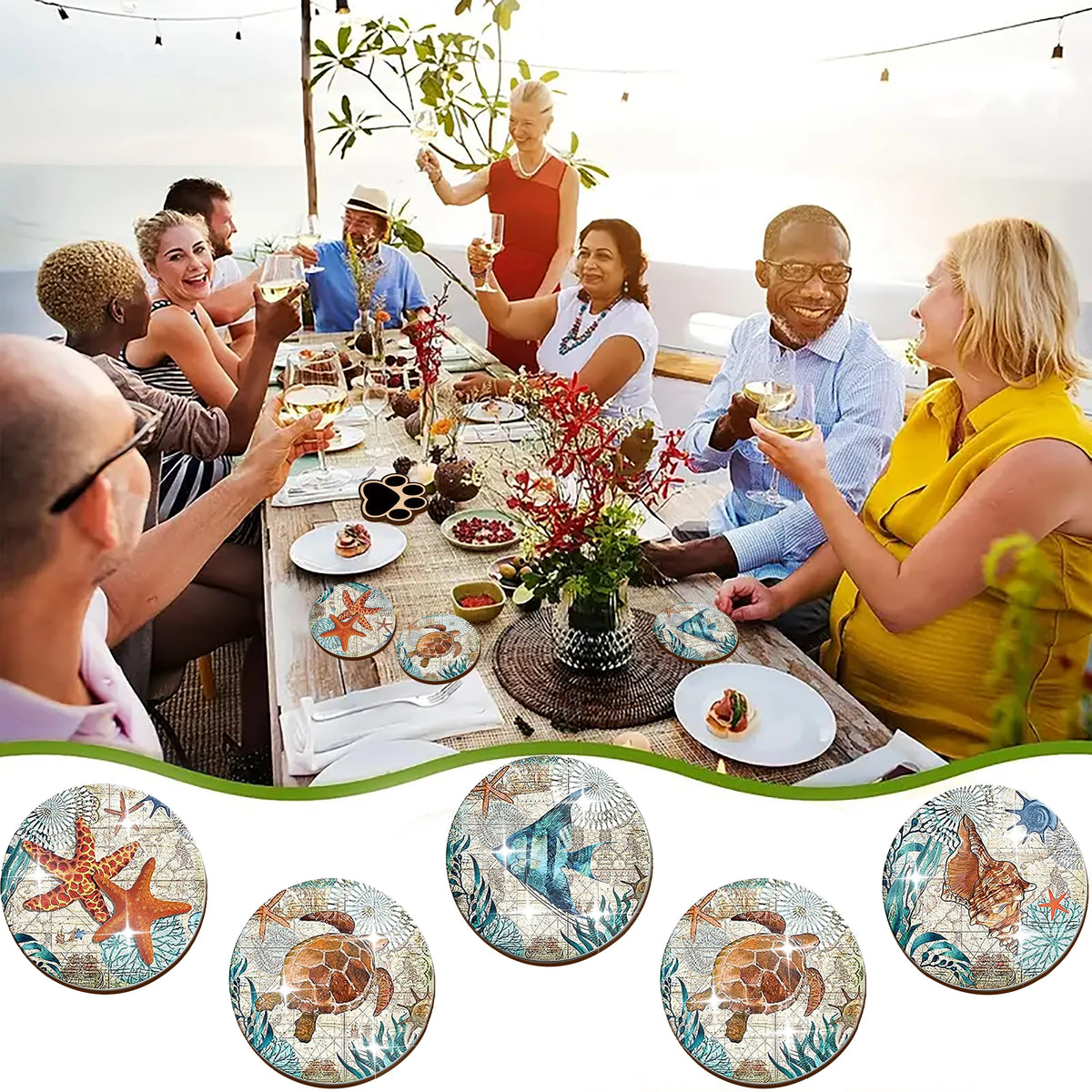 The 8-Piece Set of Anti-Slip Wooden Coasters for Marine Animals Is Suitable for Kitchens and Dining Rooms