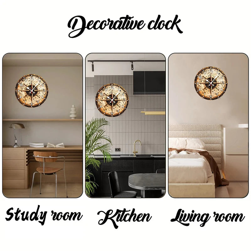 Ocean Themed Compass Wooden Round Silent Hanging Wall Clock,Suitable For Living Room,Office,Study Room, Bedroom, Home Decoration