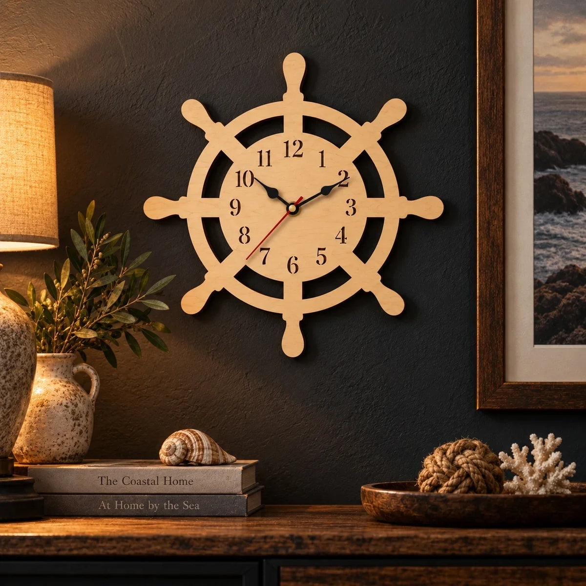 Wooden Ship Wheel Wall Clock, Wooden Clock, Maritime Beach House Wall Art, Rustic Sailing Decor, Seaside Living Room Clock