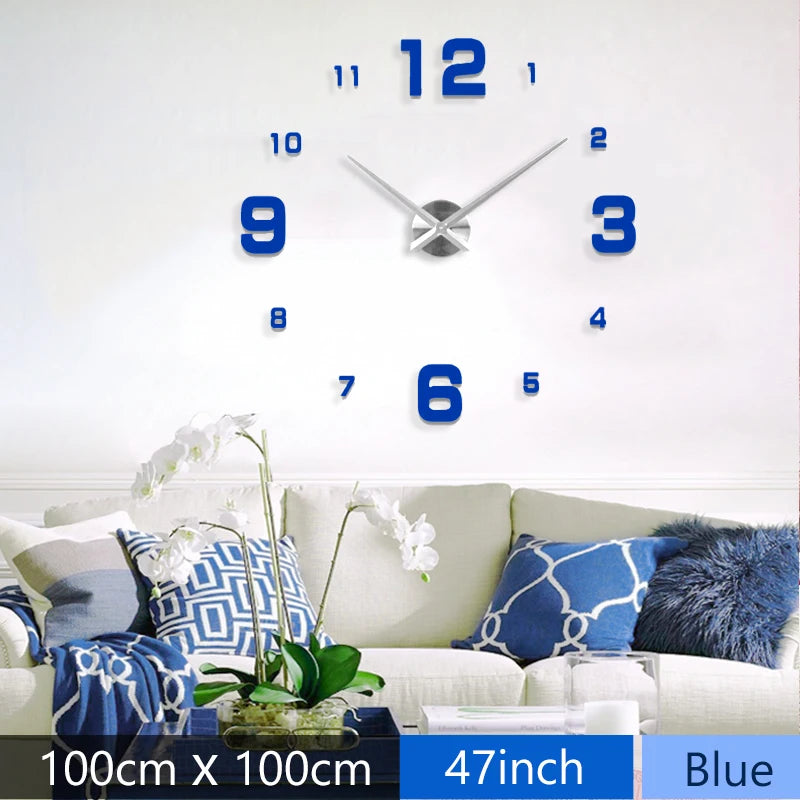 Fashion 3D Mediterranean Style Big Size Blue Wall Clock Mirror Sticker DIY Brief Living Room Decor Meeting Room Wall Clock