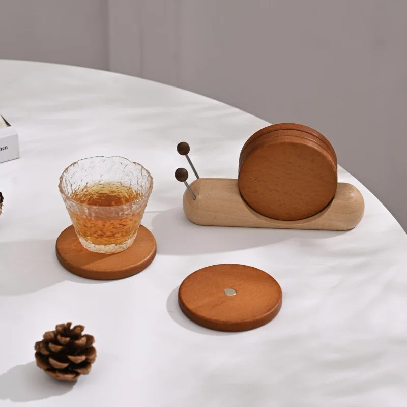 Wooden Coaster Set with Holder Snail Shaped Heat Resistant Drink Coasters for Coffee Tea Mugs Glasses Small Bowls Home Decor