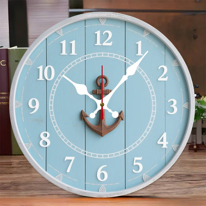Dolphin Anchor Wooden Round Silent Hanging Wall Clock, Suitable For Living Room, Office, Study Room, Bedroom, Home Decoration