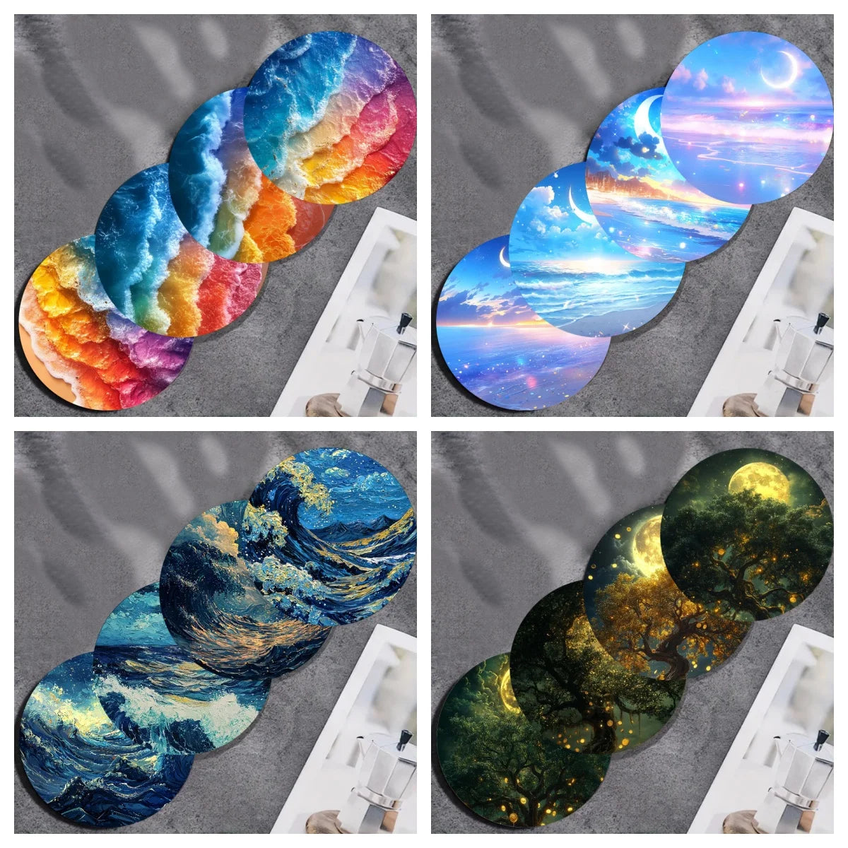 4-piece set of dreamy beach pattern art coasters, anti-slip wooden coasters, suitable for living rooms, offices and bars