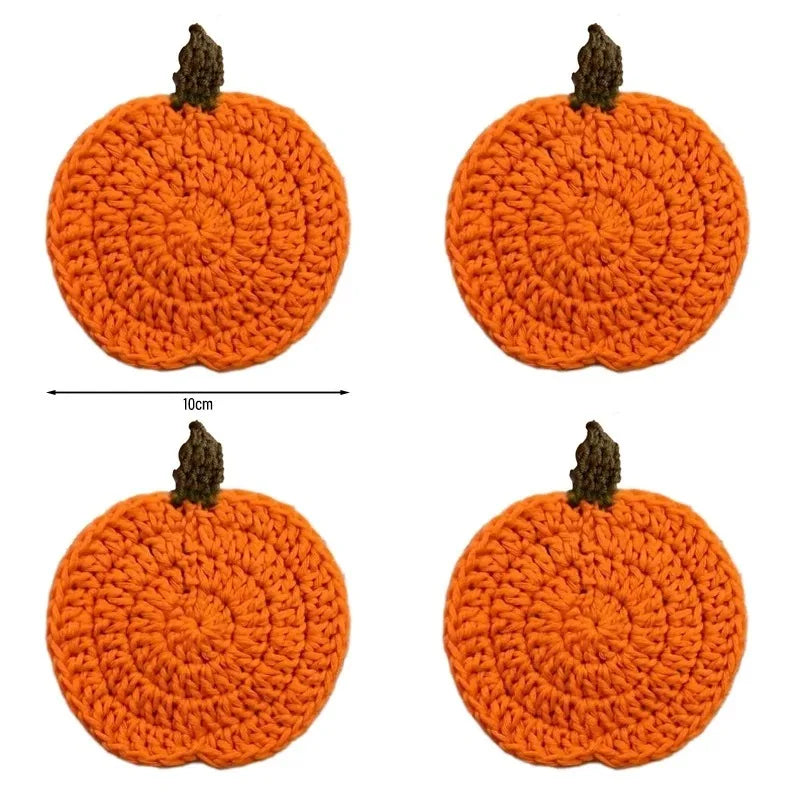 Halloween Crochet Pumpkin Coasters Autumn Thanksgiving Fabric Handmade Cup Mat Halloween Table Decor Fall Farmhouse Decoration