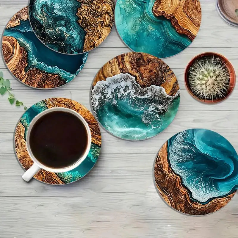 M-6Pcs Ocean Wave & Wood Grain Coasters Set Heat-Resistant Drink Coasters For Coffee/Tea Mugs, Beach Theme Home Decor