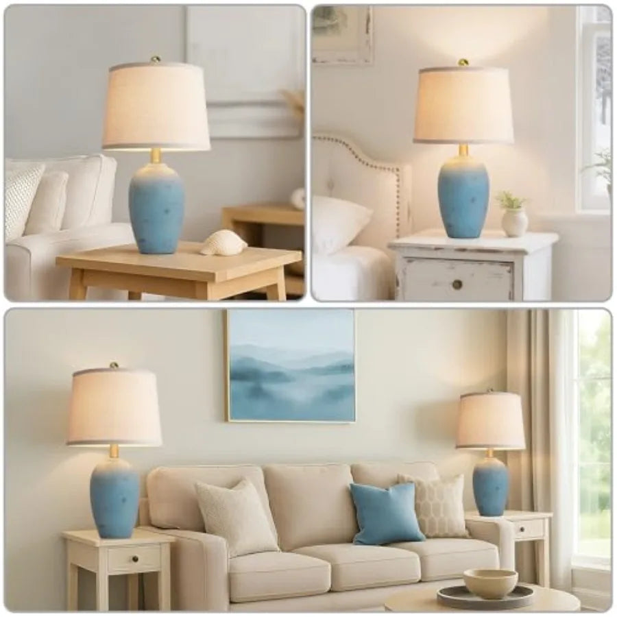 21'' Set of 2 Coastal Small Ceramic Lamps for Bedroom, Traditional Nightstand Bedside Desk Table Lamp for Living Room Office Do