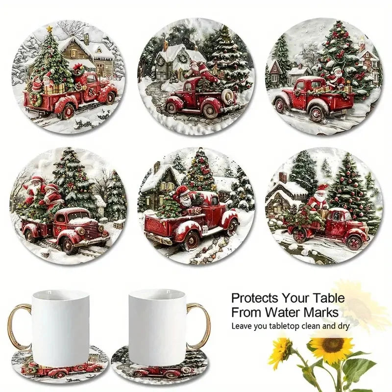 6 Pieces/Sets of Christmas-Style Patterned Printed Wooden Anti-Slip Coasters, Suitable for Beginners and Adults as Gifts