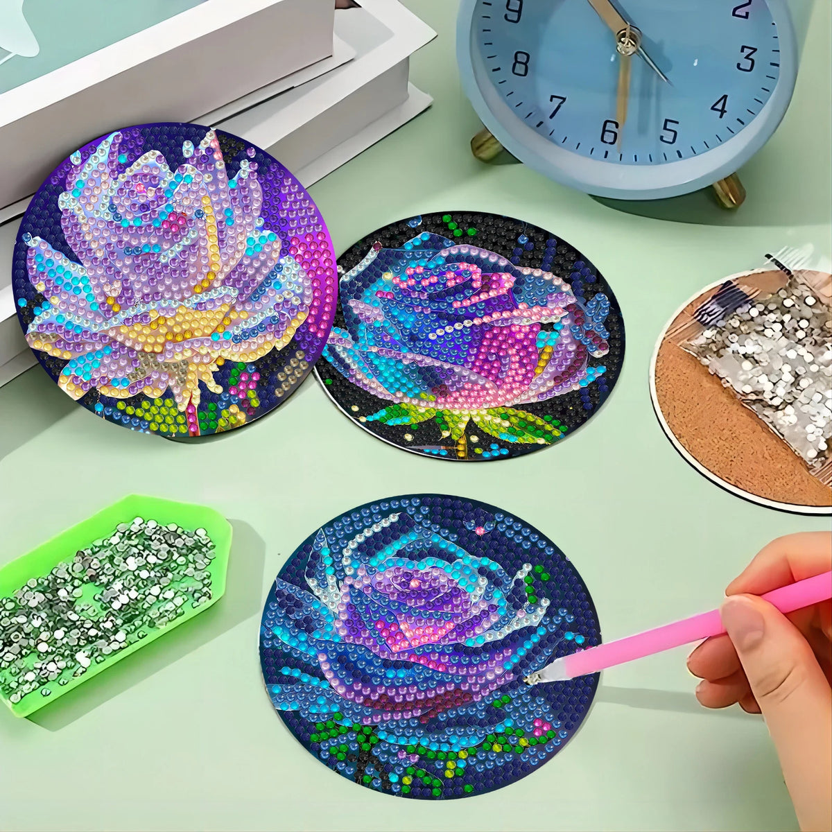 6 Pieces/Set of Flower Patterned Diamond Painted Wooden Coasters, DIY Creative Diamond Painted Coasters, Holiday Gifts
