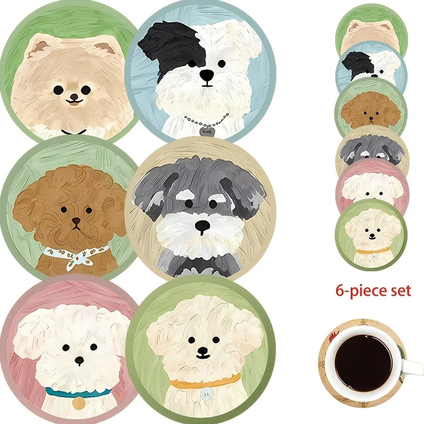 A Set of 6 Adorable Round Wooden Coasters Featuring Cute Puppy Designs, Perfect for Coffee Cups,Water Cups,And Party Decorations