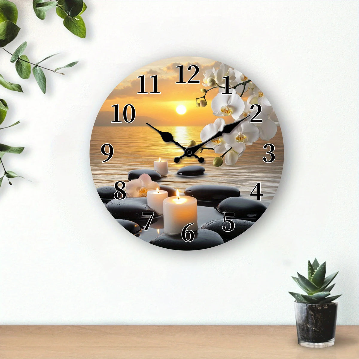 [Modern Wooden Wall Clock] Modern Tranquil Sunset Orchid Candle Pattern Wooden Wall Clock | Silent Clock with Ocean Stone Background Design - Living Room, Bedroom, Kitchen, Office, Garden Home Decor, Ideal Christmas, New Year