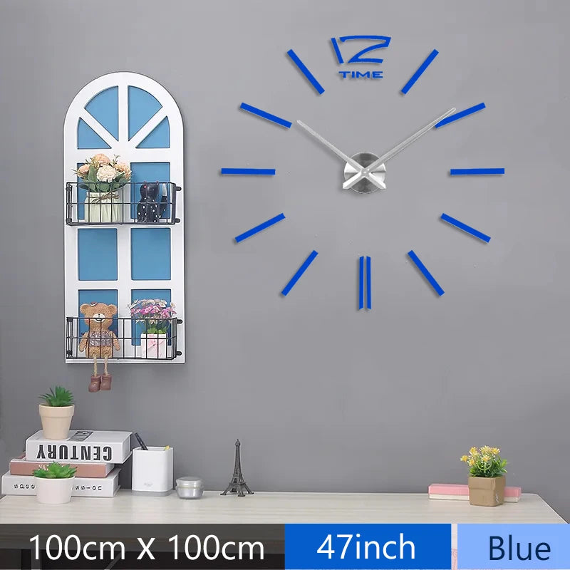 Fashion 3D Mediterranean Style Big Size Blue Wall Clock Mirror Sticker DIY Brief Living Room Decor Meeting Room Wall Clock