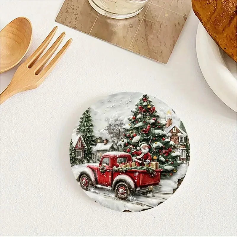 6 Pieces/Sets of Christmas-Style Patterned Printed Wooden Anti-Slip Coasters, Suitable for Beginners and Adults as Gifts