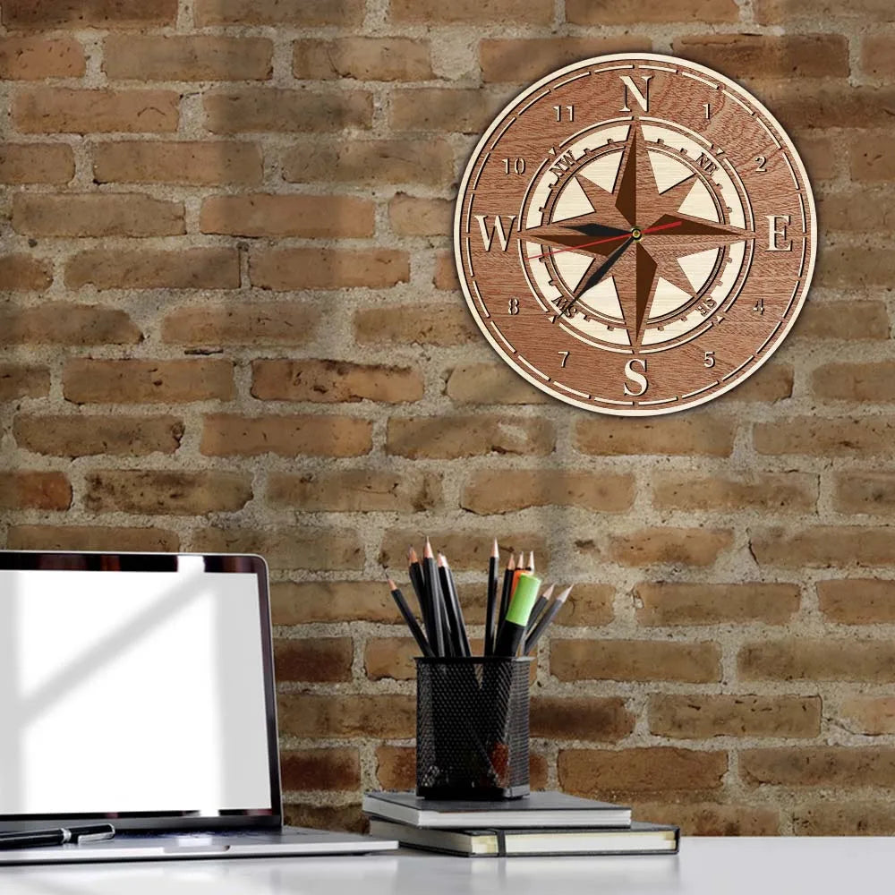 Compass Wind Rose Dual Layers Wooden Wall Clock For Living Room Nautical Navigation Home Decor Clock Marine Direction Wall Watch
