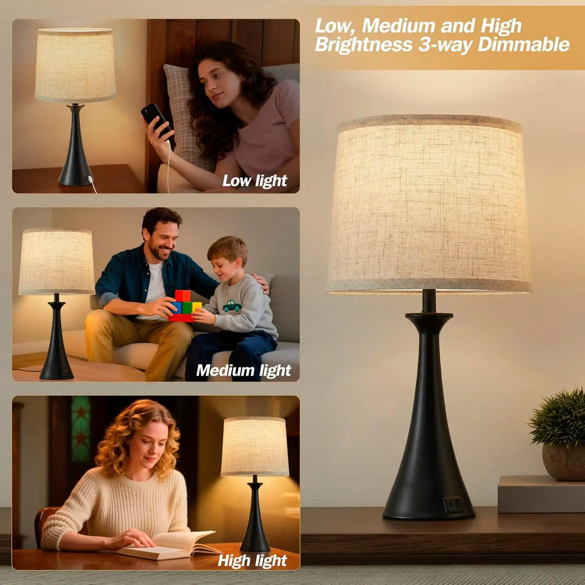 Touch Lamp for Living Room Bedroom, 21" Table Lamps Set of 2 with USB C+A Ports, Touch Bedside Lamps for Nightstand with 3 Way