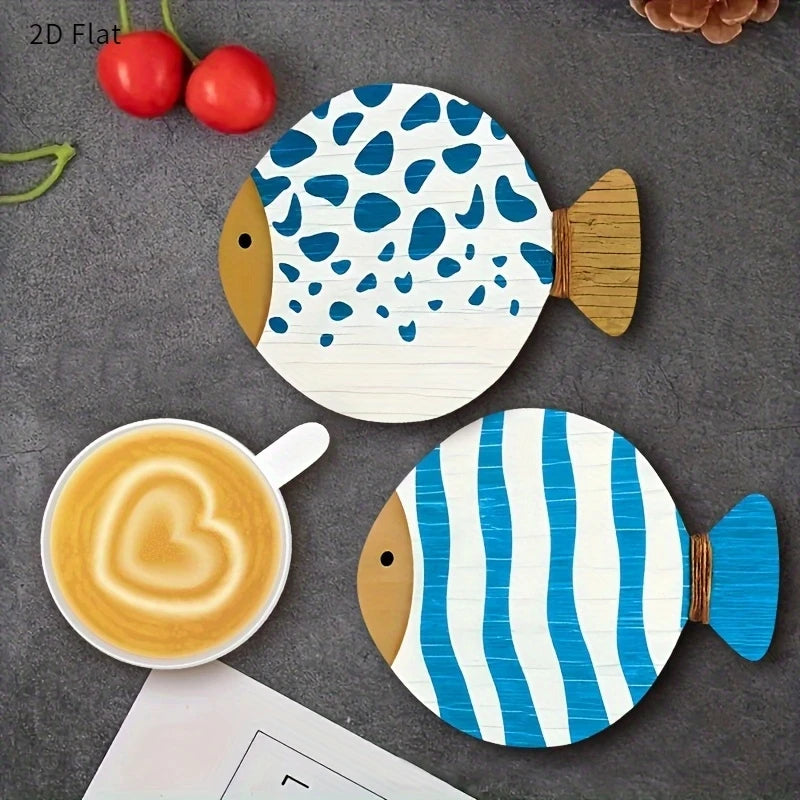 2D Flat 8pcs Whimsical Fish-Shaped Wooden Coasters Vibrant Blue & White Patterns, Heat-Resistant, Perfect for Coffee & Tea Lover