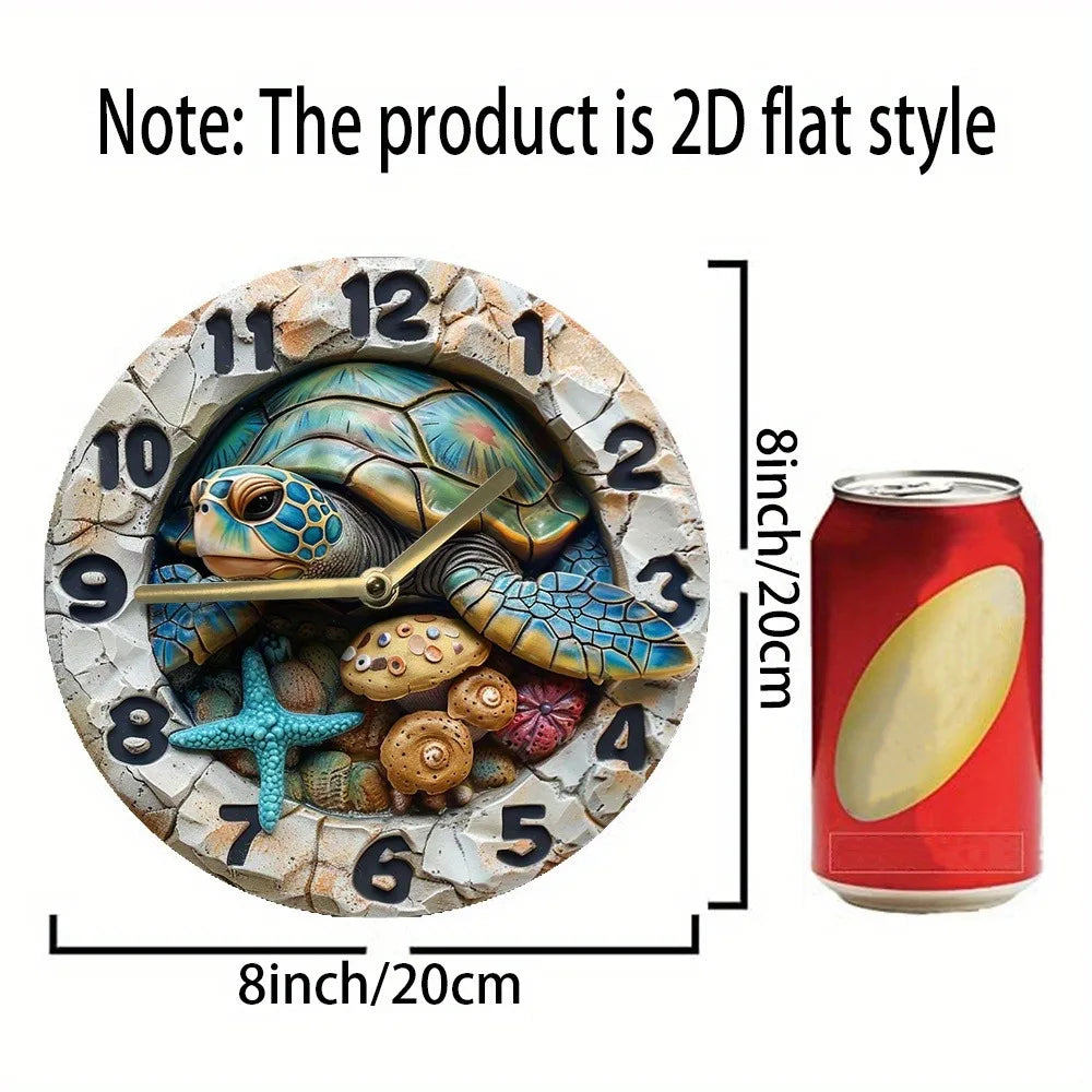Wooden Wall Clock with a Sea Turtle and Seashells Pattern, Ideal for Coastal or Nautical Themed Rooms, Uses AA Batteries