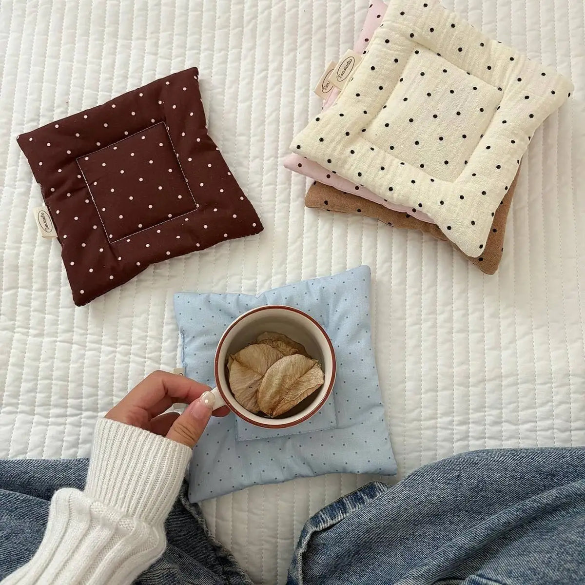 Vintage Floral Polka Dot Cotton Coasters Cream Quilted Star & Strawberry Print Cup Mat Boho Cottagecore Table Decor Accessory