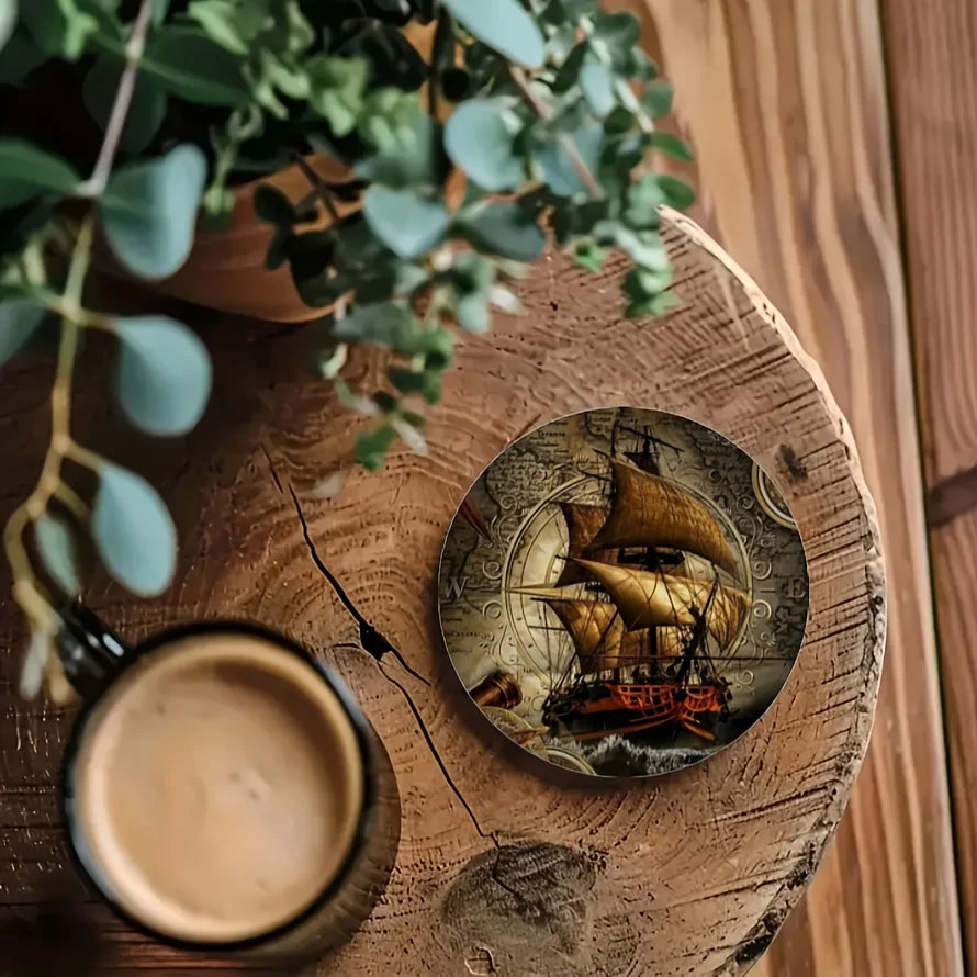 6PCS Retro Classic Pirate Ship Themed 2D Flat Wooden Coasters Tea Cups Coffee Cups Decorative Home Dining Room Bar Hotel Items
