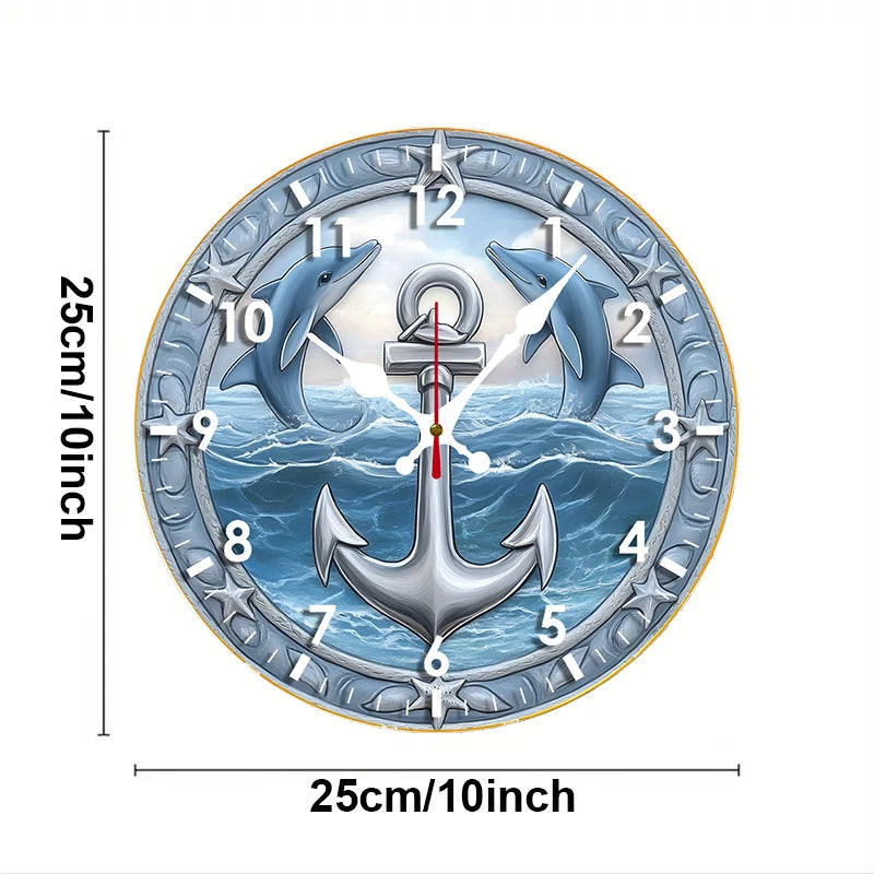 Dolphin Anchor Wooden Round Silent Hanging Wall Clock, Suitable For Living Room, Office, Study Room, Bedroom, Home Decoration