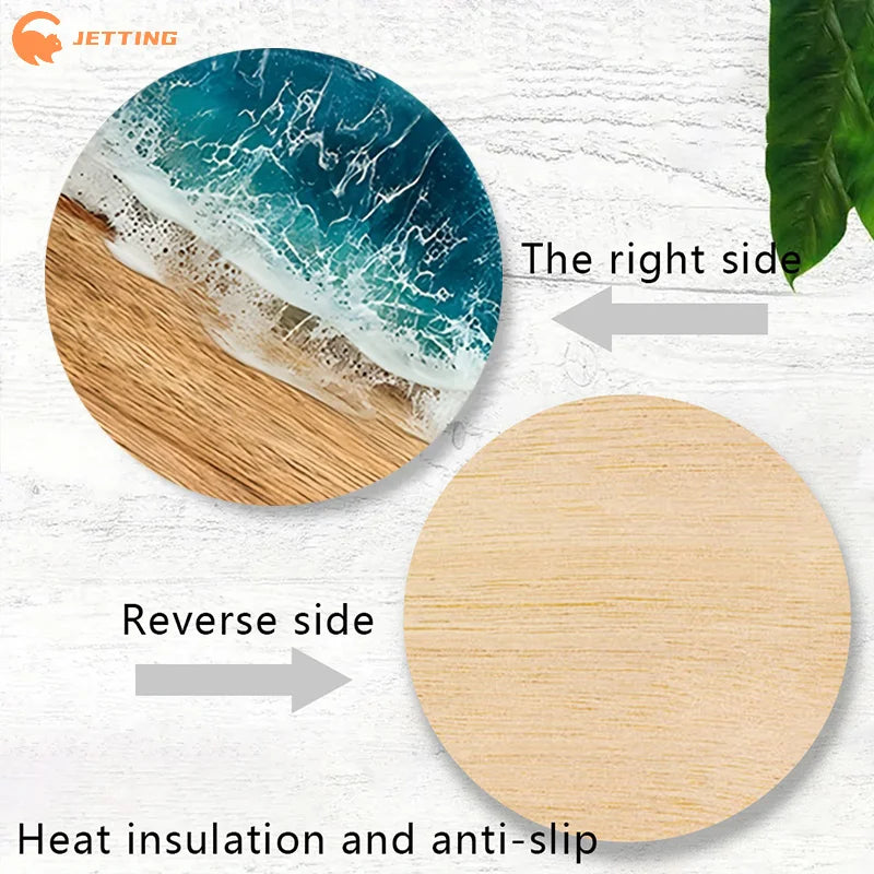 4/6Pcs Blue Ocean Round Wooden Coasters & Placemats Set Home Cafe Party Table Decor Durable Drink Coasters For Stylish Dining