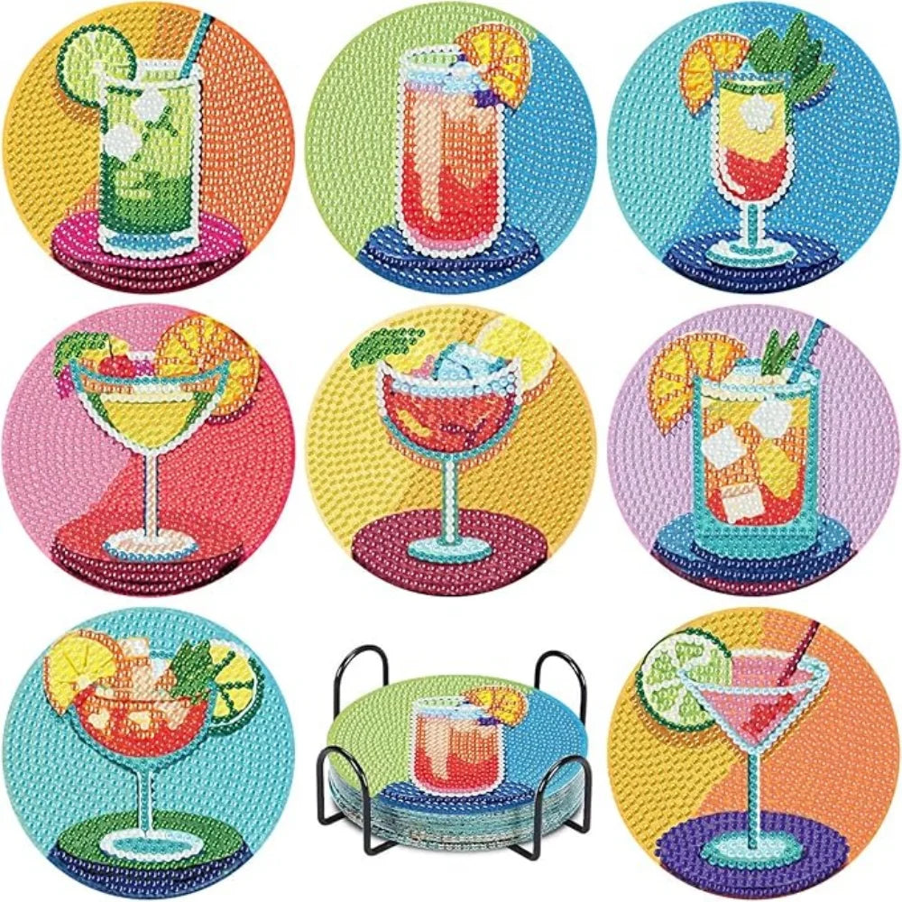 8 Pieces/Set Rose and Diamond Painting Coaster Set, DIY Coaster with Holder, Beginner and Adult Diamond Craft Gift